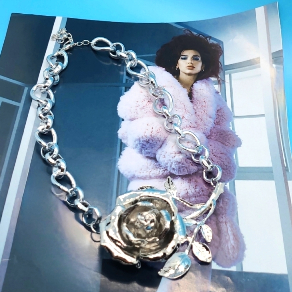 Artisan 3D Floral Rose Flower Embellished Silver Choker Necklace